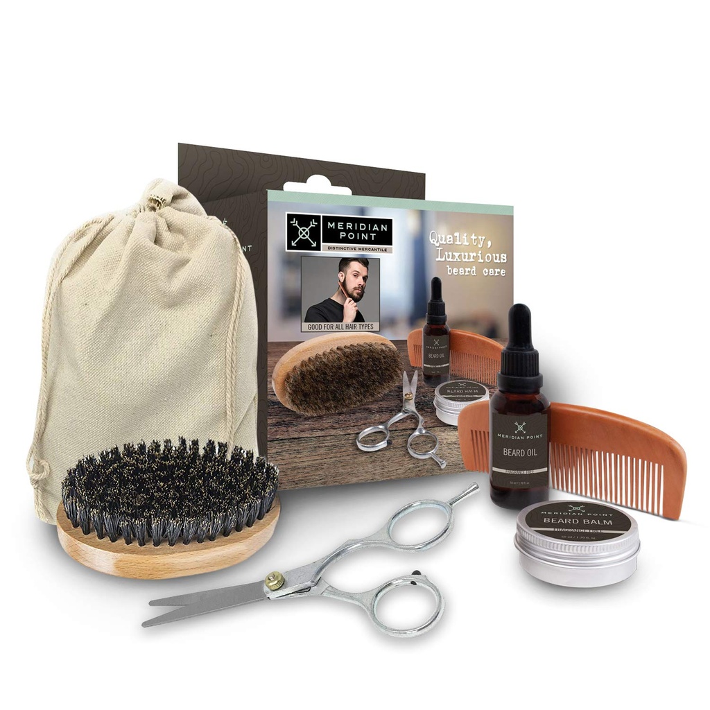 Kit de înfrumusețare barbă pentru bărbați Kit de îngrijire barbă include accesorii - Balsam și ulei fără parfum barbă naturală, piepteni de lemn și pensule de boar, foarfece din oțel inoxidabil