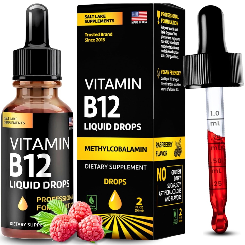 Vitamina B12 Picături lichide - Vegan B12 vitamine 5000 mcg Metilcobalamină Sublinguală rapidă B Complex de vitamine lichide B2, B3, B6 - non-GMO, fără lactate, soia & zahăr, aromă de zmeură, 2 fl. oz.