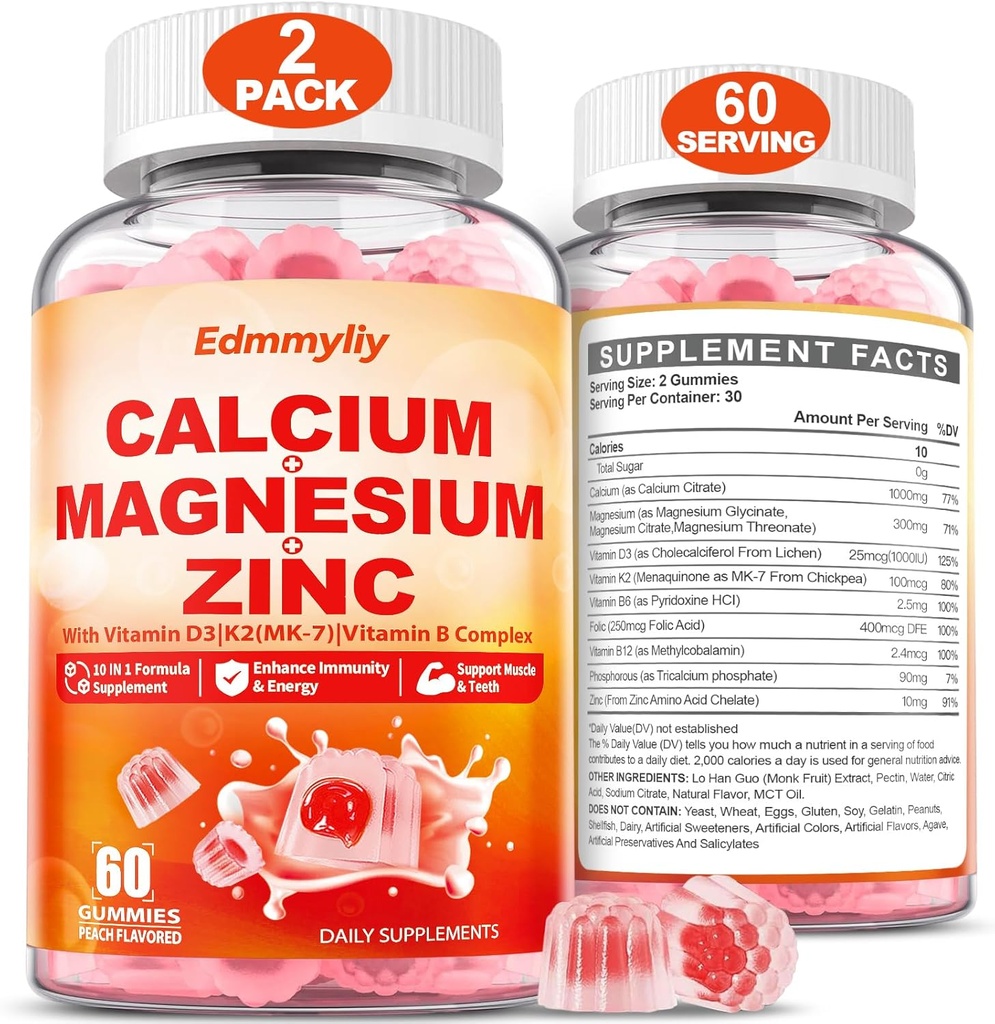 Calciu Magneziu Zinc Supliment Gummies cu vitamina D3 K2 & B Complex pentru femei Men 1000 mg Citrat de calciu cu gume de magneziu pentru oase, mușchi și suport imunitar, Zahăr gratuit, Vegan