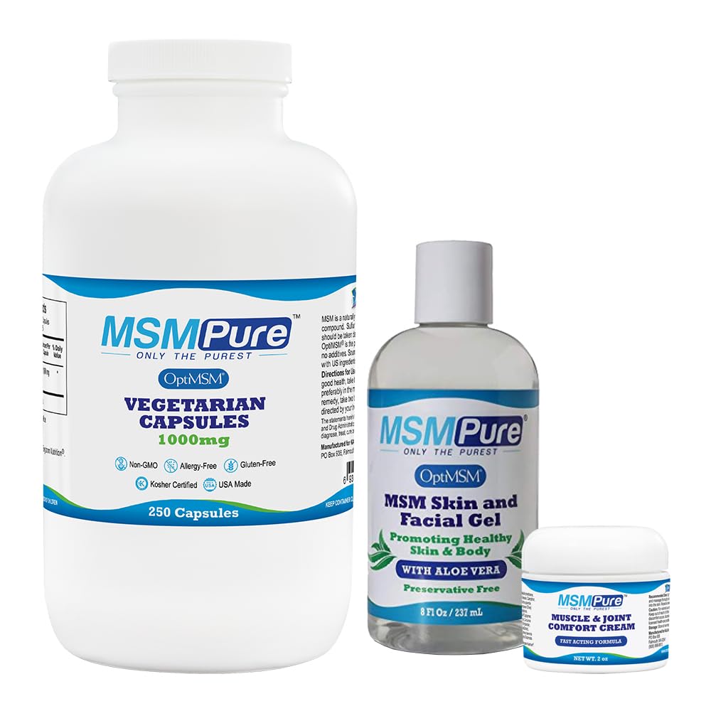 KALA HANITY MSMure Starter Bundle cu capsule MSM 250 Count, MSM Muscle & Joint Cream 2oz și MSM Gel cu Aloe organic 8oz