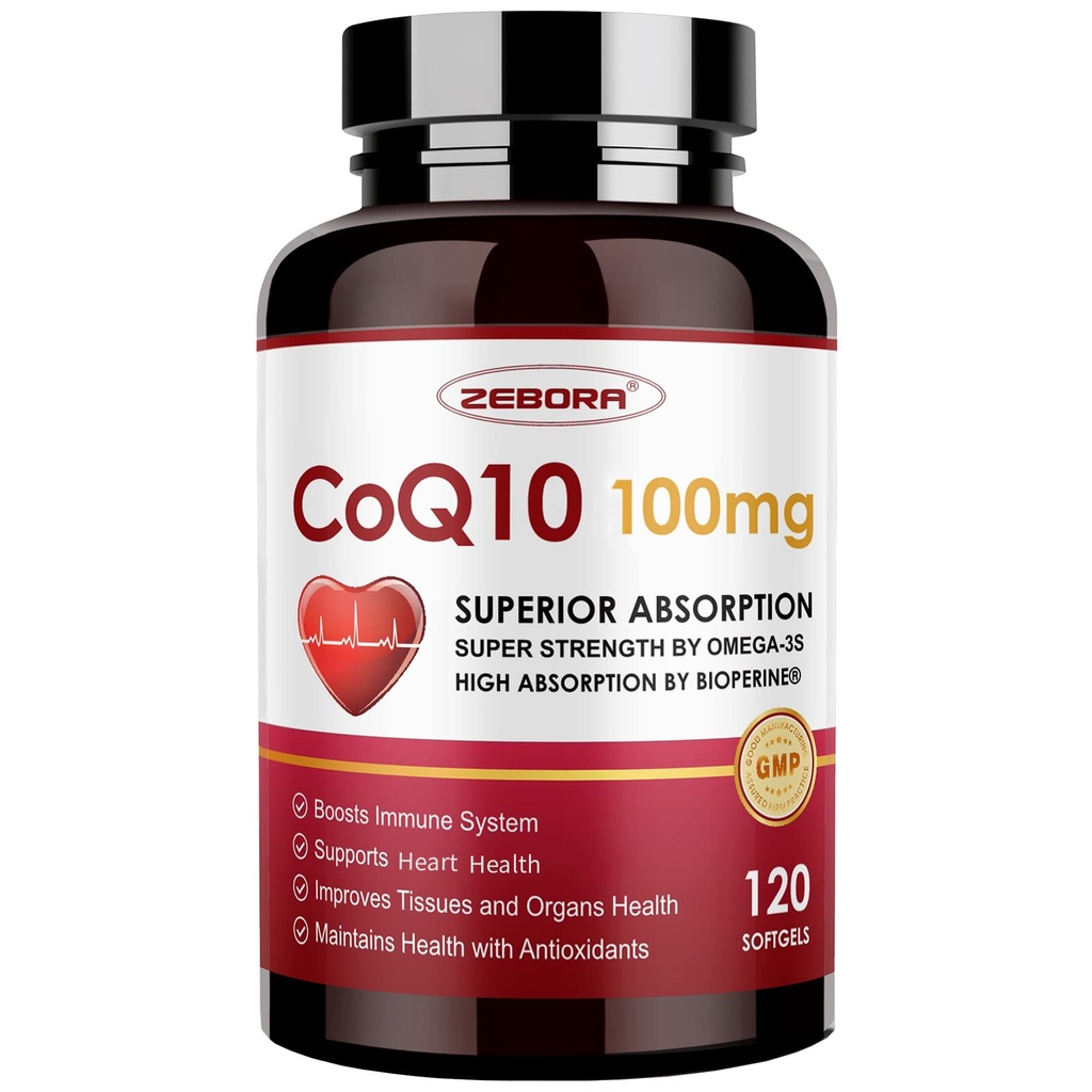 ZEBORA CoQ10-100mg-Softgels cu PQQ, BioPerine & Omega-3, Coenzime de înaltă absorbţie Q10 Supliment, puternic-Antioxidant, Suport inima si energie-Productie 120 Serviri, Non-GMO