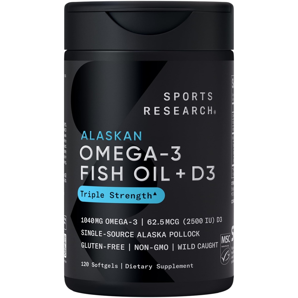 Sports Research® Alaskan Omega-3 Fish Oil 1040mg + Vitamina D3 2500iu - Suporturi Brain & Heart Health - MSC Certified Sustainable · Wild-GMO · Trigliceride Form - 120 Conte Softgels