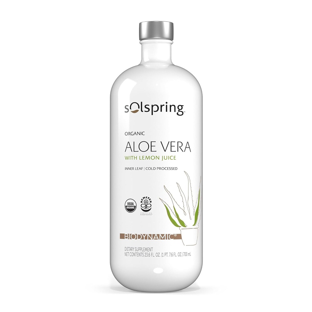 Solspring Biodinamice Aloe Vera Juice cu Lemon, 23.6 Fl. Oz. (700 ml), Nepasteurized, Certified USDA Organic, Regenerative, Non-GMO, Gluten Free, Soy Free, Dr. Mercola