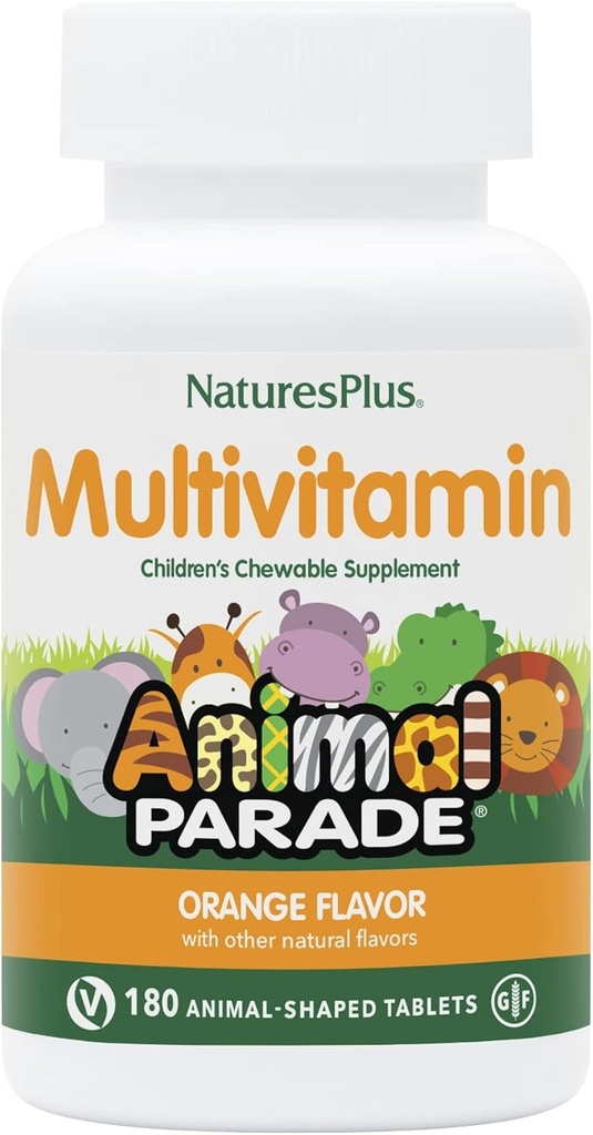 Naturas Plus Animal Parade Multivitamine pentru copii masticabile - Aroma portocalie - 180 comprimate cu formă de animale - promovează sănătatea și bunăstarea - vegetariană, gluten gratuit - 90 Serviri