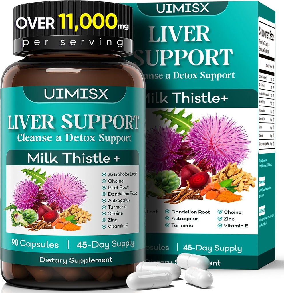 Milk Thistle Supliment - Detoxifiere Ficat Formula Herbal Liver Support with Milk Thistle, Dandelion Root, Anghinare, Turmeric, Astragalus pentru sanatatea ficatului, 90 Capsule