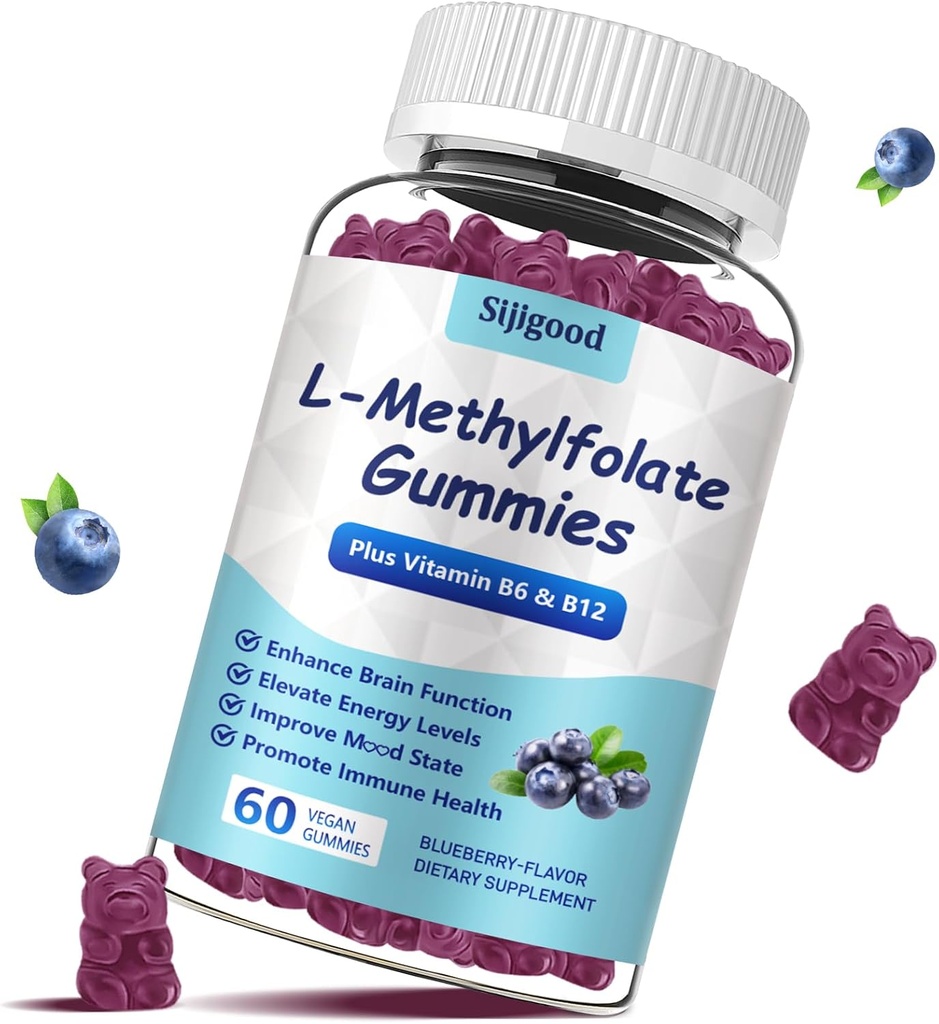 L-Metilfolat Gummies cu metil B12 - Empower Mood, Optimize Brain Health & Fortify Immune System. Afine Flavor 60 Count.
