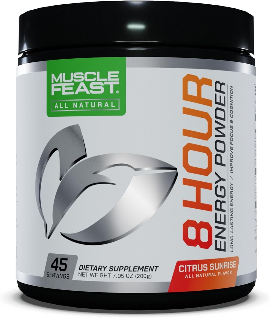 Muscle Feast 8 ore energie Toate ingrediente naturale nu artificiale Keto-Prieten natural îndulcit, Pre-Workout, Citrus Sunrise, 200g