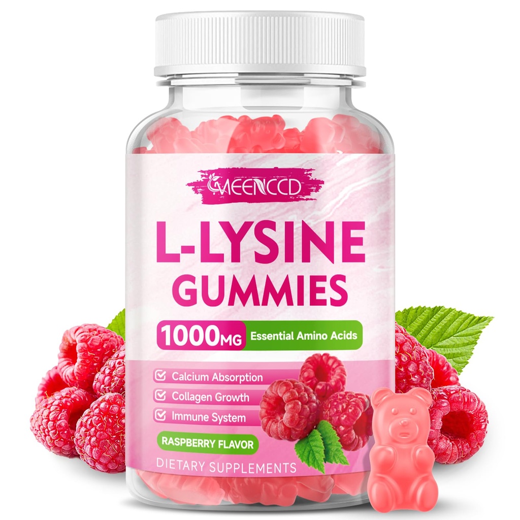 L-Lysine 1000mg Gummies, Lysine Supliment pentru adulți și copii, Essential Amino Acid Supliment pentru Lips & Sănătate orală, Boost Imune & Colagen & Calciu, Zahăr-Free, Aroma de zmeură, 60 Conte