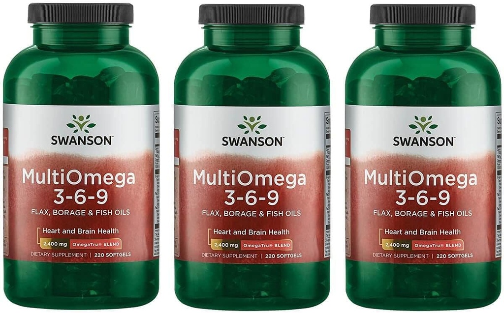 Swanson MultiOmega 3-6-9 - Non-GMO ulei de in, Borage Oil, "&" Capsule de ulei de pește - Acidi grași esențiali care susțin sănătatea cardiovasculară "&" Brain Health - (220 Softgels, 2400mg Servire) 3 sticle