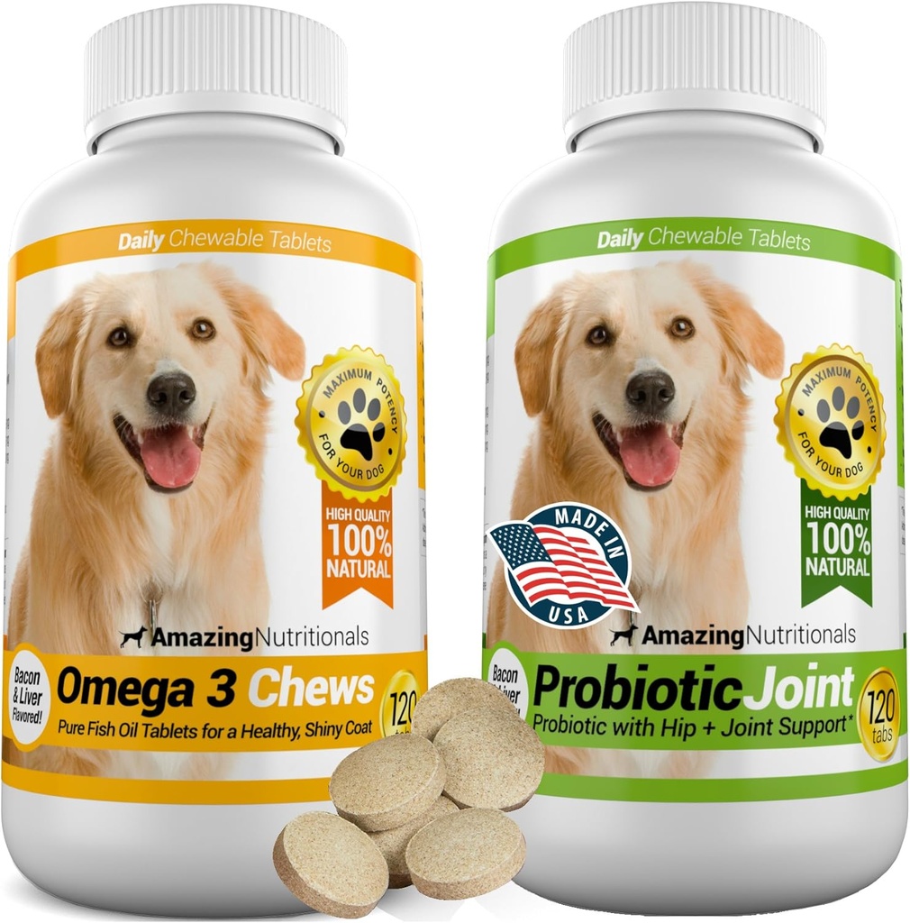 Combo Combo Omega-3 uimitor ulei de pește și probiotice pentru câini - Antioxidant animal de companie pur toate-naturale - Promovează strat lucios, sanatatea creierului, elimină diareea gaz și dureri articulare, 120 Chews gustoase x 2