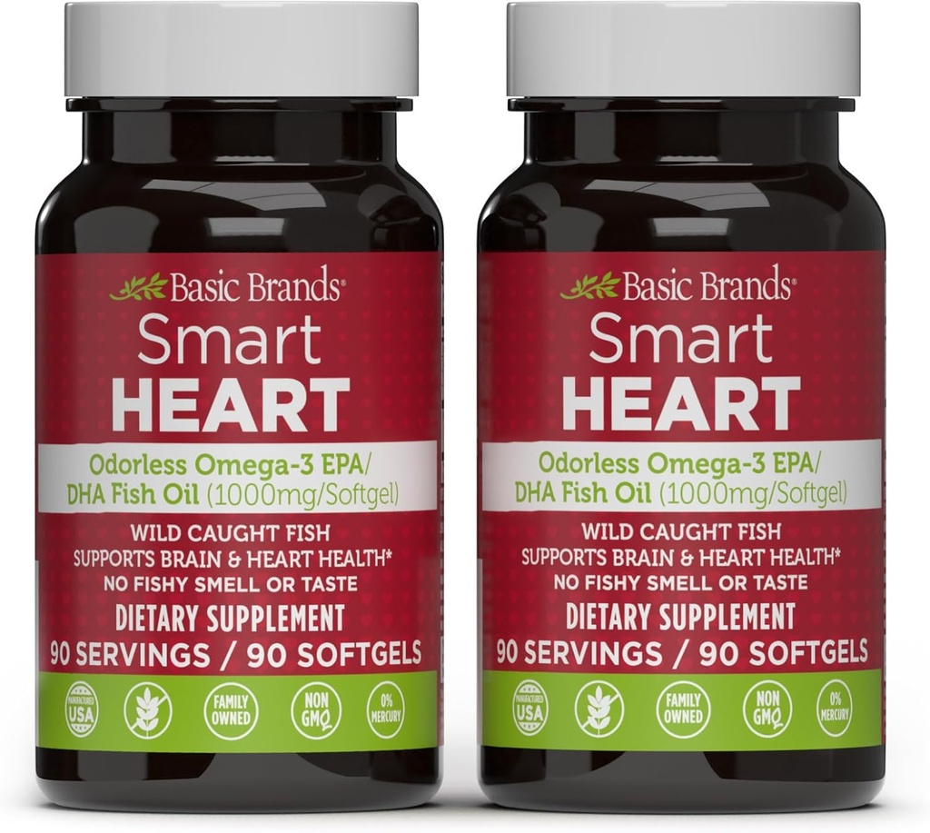 Branduri de bază Smart Heart Odorless Omega-3 ulei de pește 1000mg - Triple Putere EPA & DHA, Non-GMO, Inima & Suport cognitiv - 90 Burpless Softgels - 2-Pack