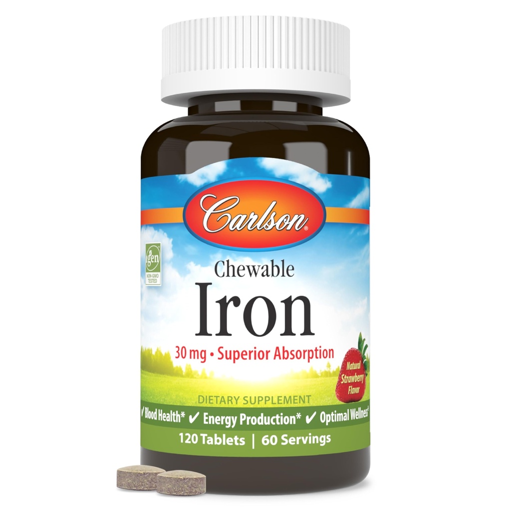 Carlson - Fier masticabil, 30 mg, Absorbţie superioară, Sănătatea sângelui, Producţia de energie şi wellness optimă, Supliment de fier masticabil pentru femei şi bărbaţi, aromă naturală de căpşuni, 120 comprimate