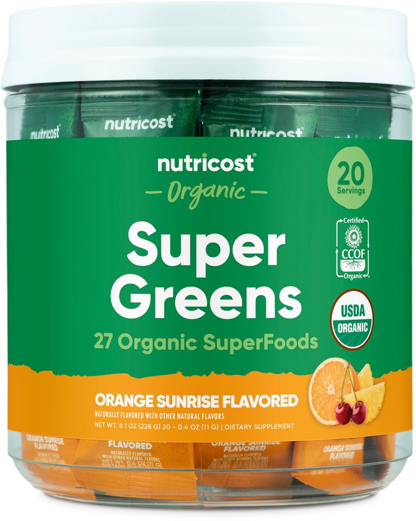 Nutricost Organic Super Greens (Orange Sunrise Flavored) 20 Stickpacks - Gluten-free, non-GMO