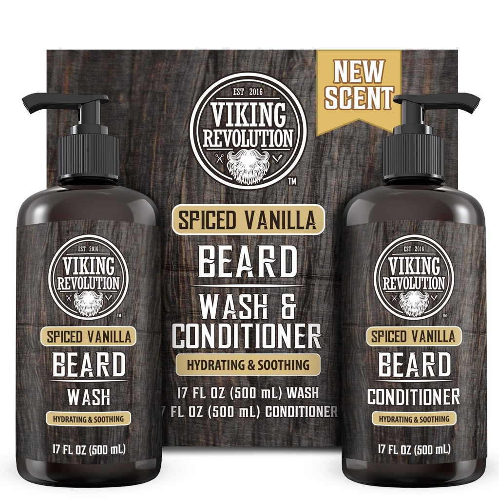 Viking Revolution Beard Wash and Beard conditioner for Men with Argan Oil and Jojoba Oil - Beard Softner and Consolidator Beard Care Beard Shampoo and Balsam with Beard Oil (17oz Spiced Vanilla)
