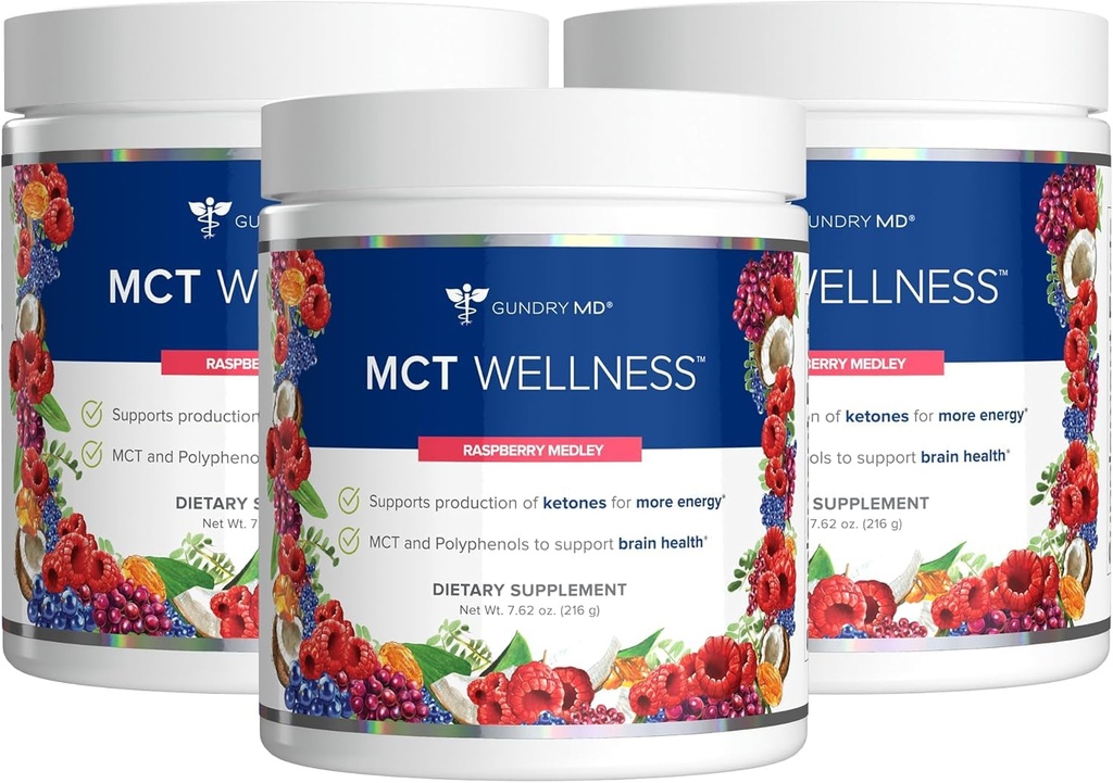 Gundry MD MCT Wellness Powder pentru a sprijini energia, producția de cetone și sănătatea creierului, Keto Friendly, Sugar Free (90 de zile de aprovizionare, Raspberry Medley)