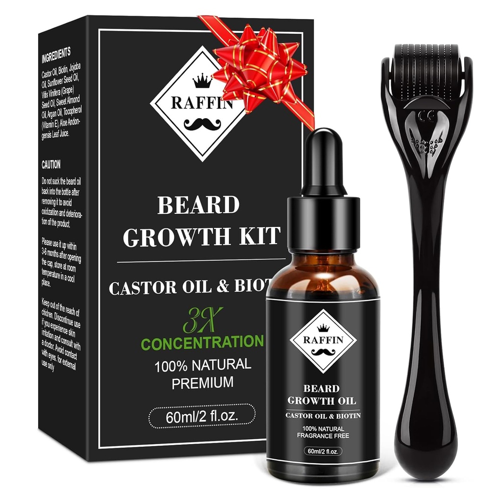 Kit de crestere barbă RAFFIN, ulei de crestere barbă modernizat (2Oz) w / îngroșare maximă Biotină și ulei de Castor pentru barbă Spot / Patchy, Achie Fuller, Barbă mai groasă și mai sănătoasă, Cadouri pentru el Soțul iubit tată