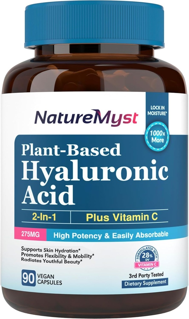Supliment de acid hialuronic, cu vitamina C, 250 mg BAsed plante HA, 90 Vegan Caps, pentru Skin & Eyes, Colagen Production, Easyly Absorbable