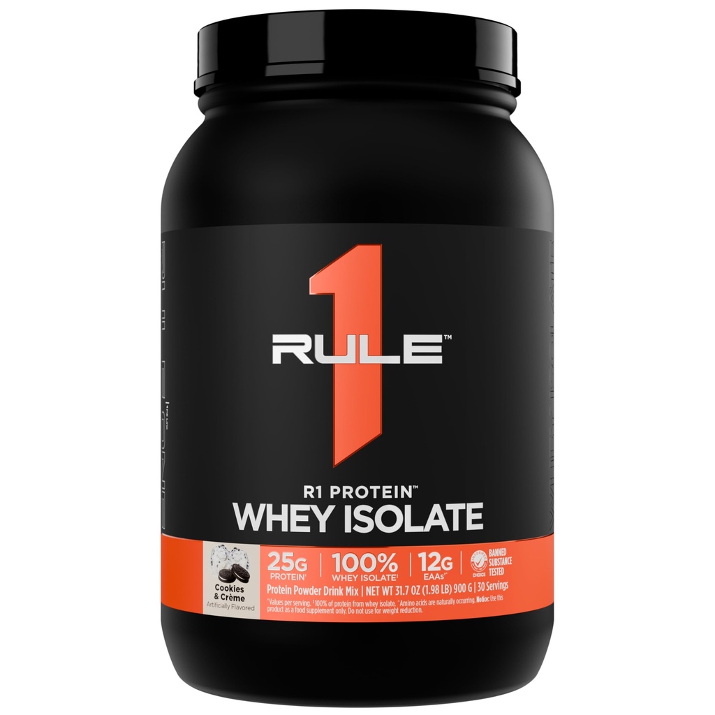 Articolul 1 Proteina R1 Whey Izolat - cu 25g Proteine & 6g BCAA Exclusiv din surse izolate și hidrolizate pentru recuperarea antrenamentului (2 lire*, cookie-uri & crème)