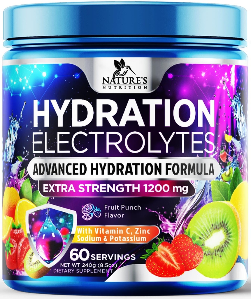 Hidratare Electrolit Powder 1200mg - Daily Liquid Replenisher Drink Mix - Electrolit Multiplicator cu Minerale, Potasiu & Sare Reala, Keto, Non-GMO - Electroliti de fructe gustoase - 60 Serviri