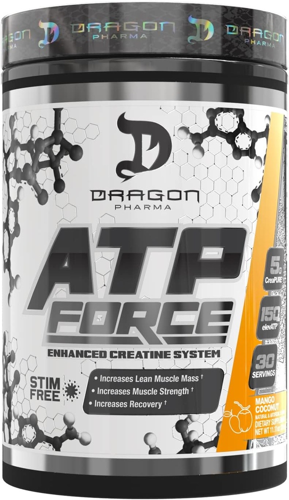 DRAGON PHARMA ATP Forță îmbunătățită sistem de Creație, Stim-Free, Creșterea masei musculare Lean & recuperare, 5 grame de CreaPure, Îmbunătățește fluxul de sânge (30 serviri, Mango nucă de cocos)