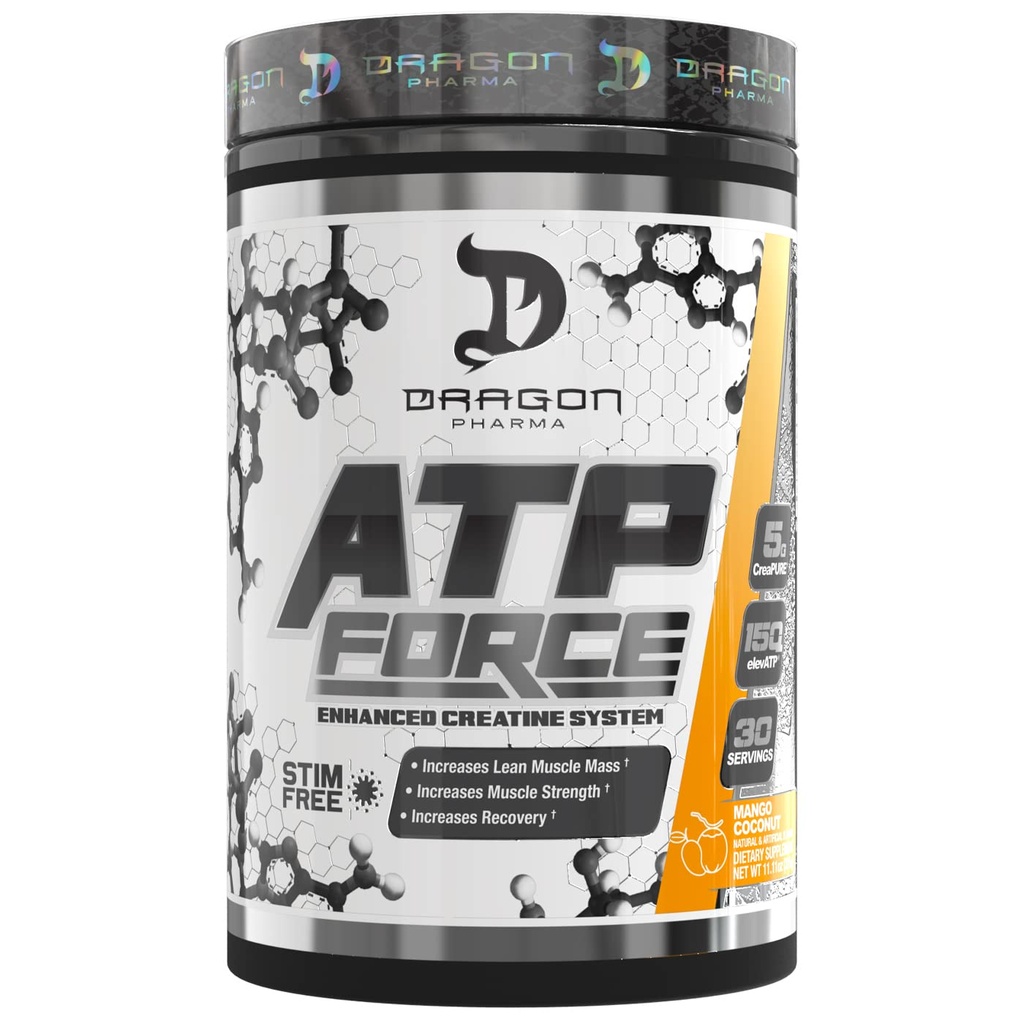 DRAGON PHARMA ATP Force Enhanced Creatin System, Stim-Free, Creșterea masei musculare Lean & recuperare, 5 Grams de CreaPure, Îmbunătățește fluxul sanguin (30 Serviri, Mango nucă de cocos)