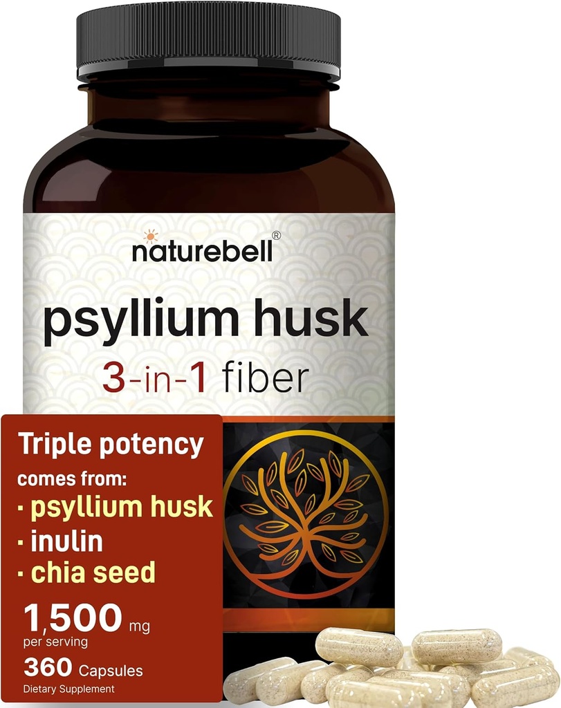 NatureBell Psyllium Husk Fiber Supplement, 1.500 mg Per Serving, 360 capsule 