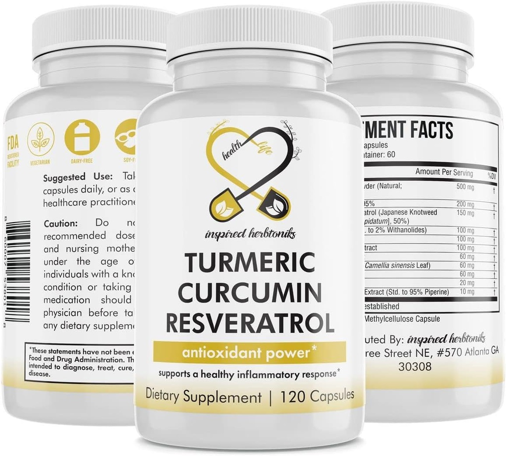 Curcumina turmerica Resveratrol Supliment nutritional, proprietati antioxidante, suporta inflamatie buna si sistem imunitar, 120 capsule Vegan