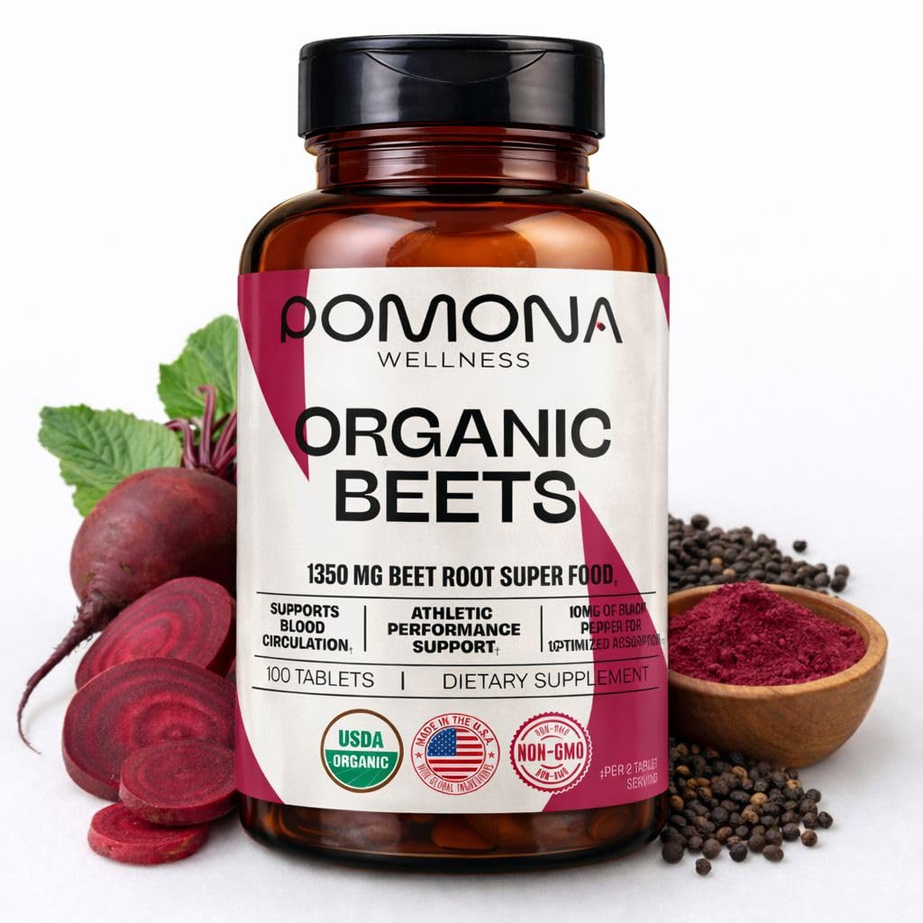 Pomona Wellness Beetroot supliment pulbere 1350mg, Suporturi tensiune arterială, Heart Health, Circulație, Energie & Performanță sportivă, USDA Organic, Non-GMO, Vegan, 100 comprimate