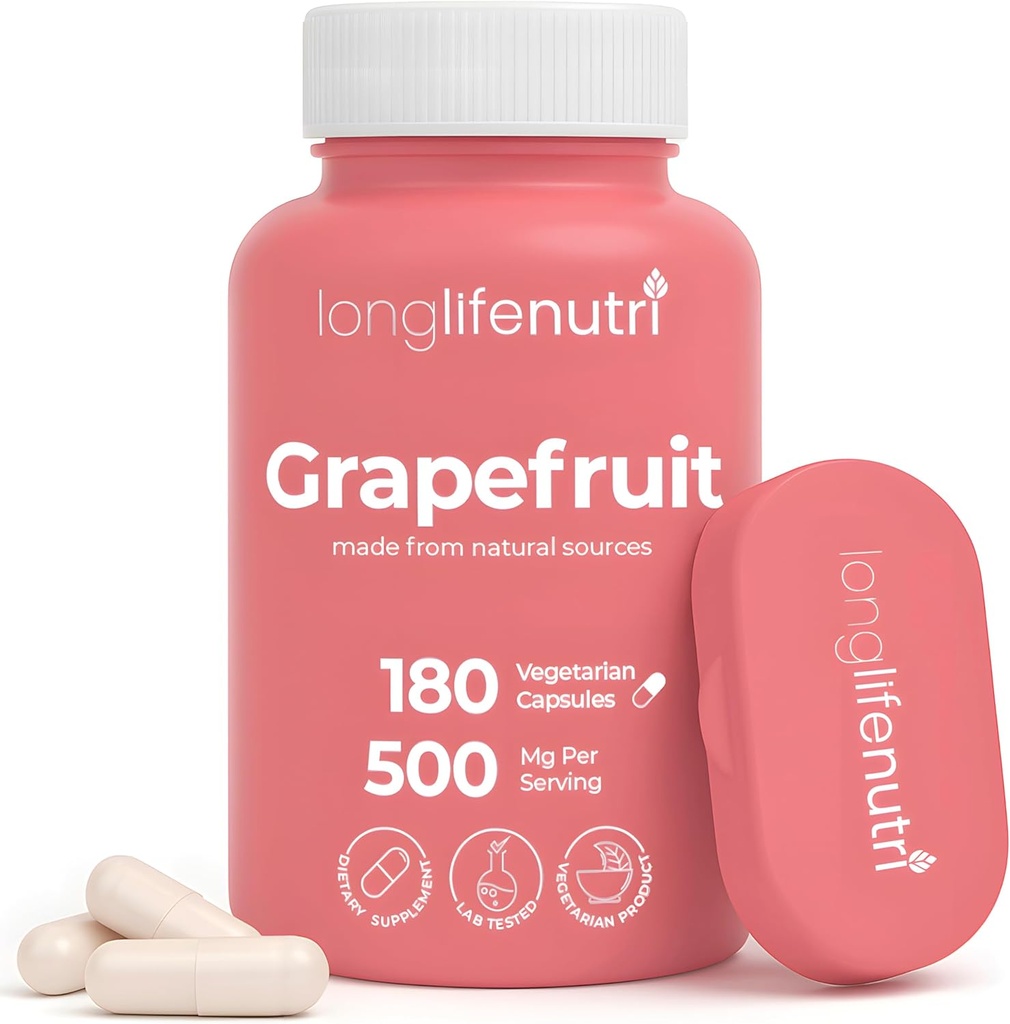 Extract de semințe de grapefruit 500mg - Derived from Citrus Paradisis, 180 Capsule vegetariane, Supliment Naringin organic pentru energie și echilibru zilnic, 6-Month Supply, GMP Certified, Made in USA