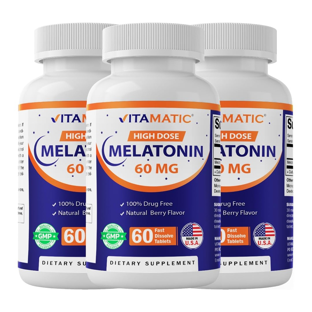 Melatonina vitamatic 60 mg comprimate de dizolvare rapidă - 60 Vegan naturale Berry tablete de aromă - non-Habit de formare - non-GMO, gluten gratuit (3 sticle)