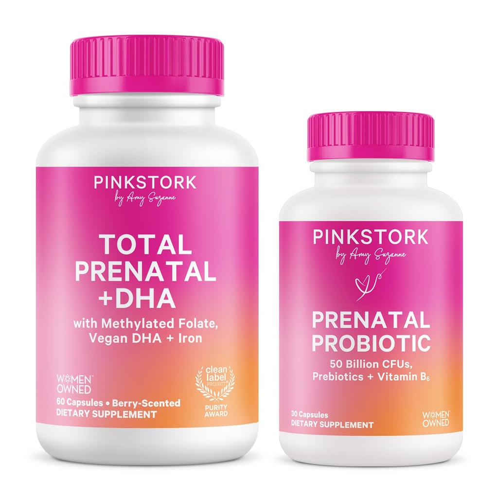 Roz Stork Prenatal Vitamina Duo: Vitamine prenatale si Probiotice pentru gravide -Bolnavie de dimineata si Dezvoltare Fetala Suport cu DHA, Folate, Vitamina B6 si More - 2 Produse, 90 Capsule