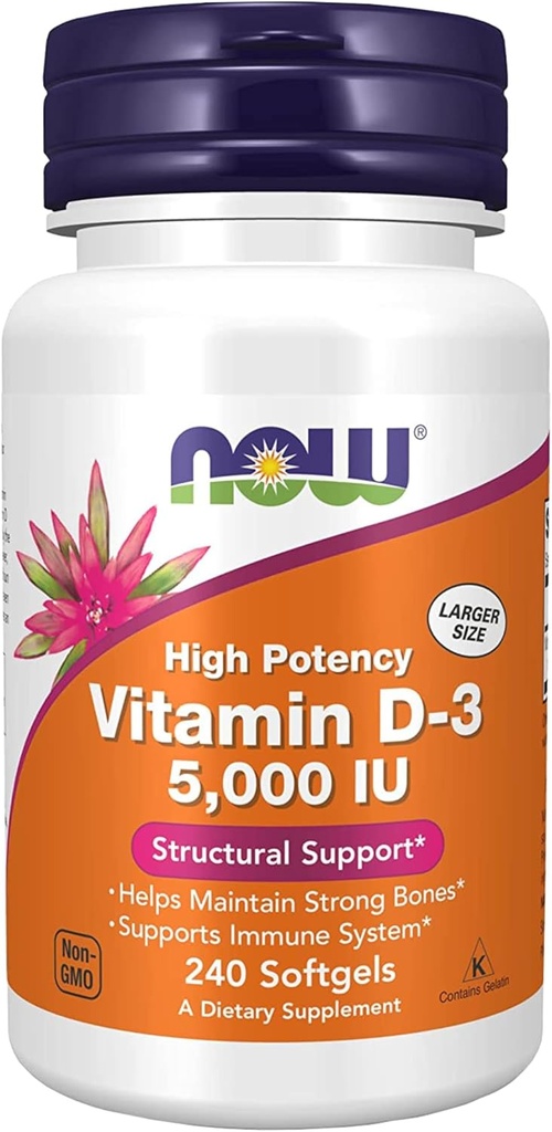 Suplimente now, Vitamina D-3 5000 UI, potenţă ridicată, suport structural*, 240 Softgels cu nutriţie mondială Keychain