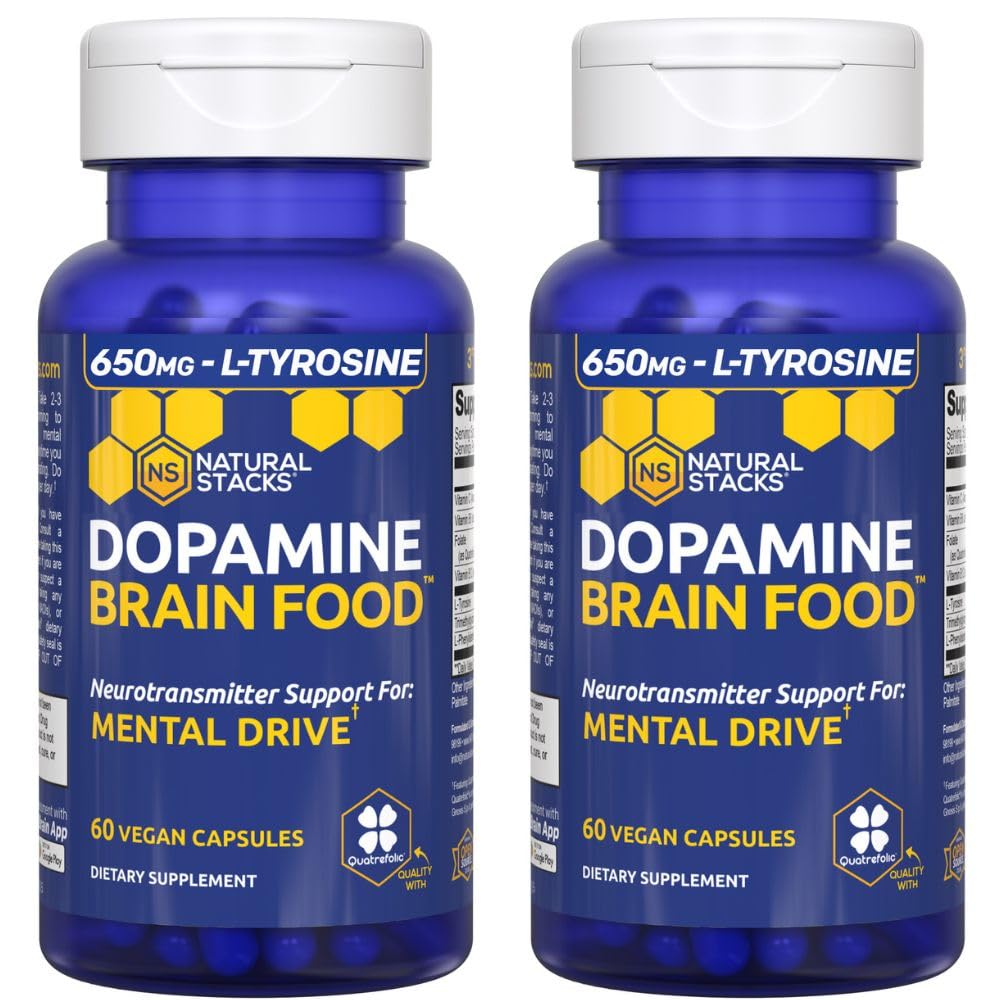 Dopamina Brain Food - 650 mg L-Tyrosine Supliment - Dopamina Supliment pentru Focus & Mental Drive - Suporturi pentru energie mentală - Neurotransmițător Suport cu B Vitamine - 120 Capsule