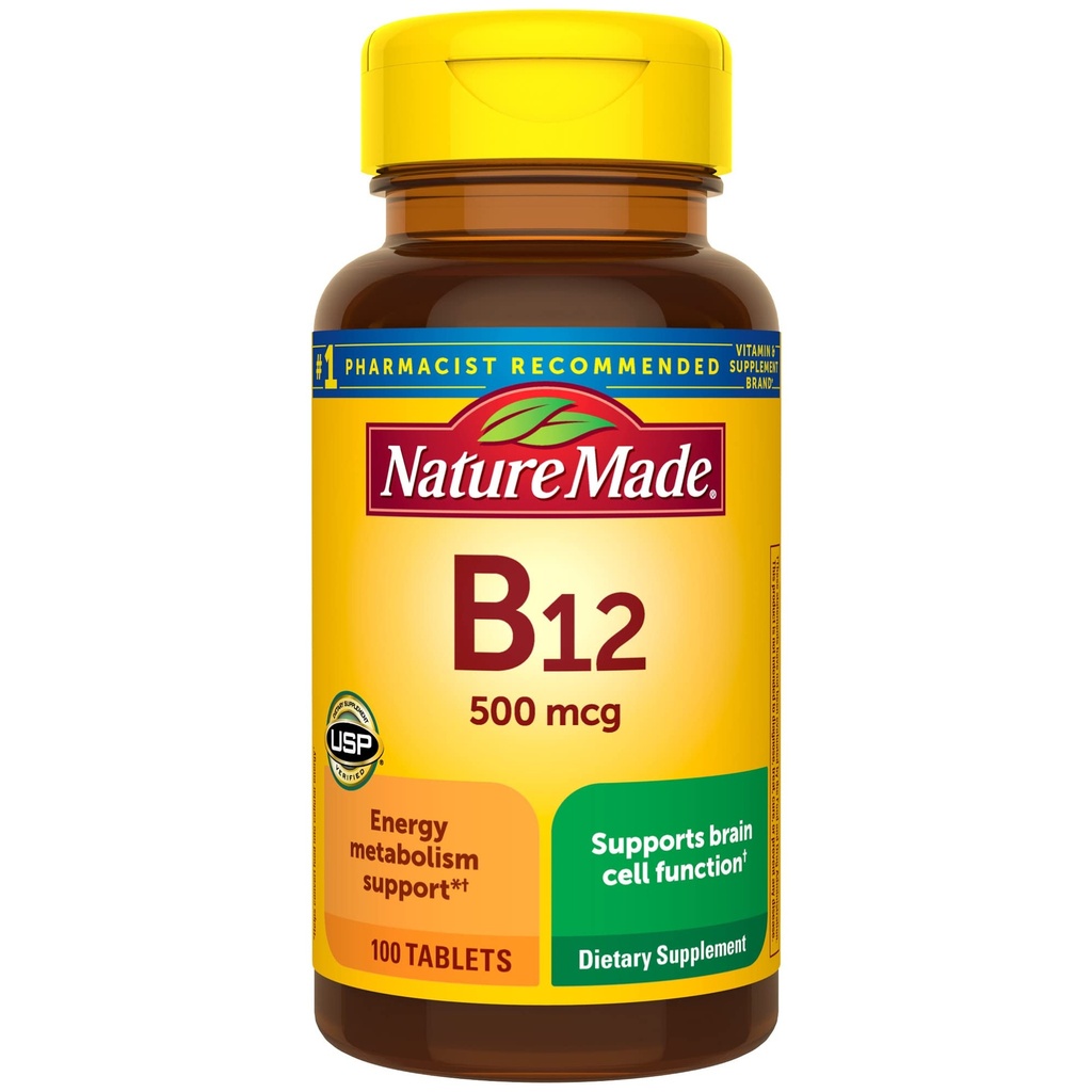 Natura făcut vitamina B12 500 mcg, Supliment alimentar pentru suport metabolic energie, 100 comprimate, 100 zile de aprovizionare