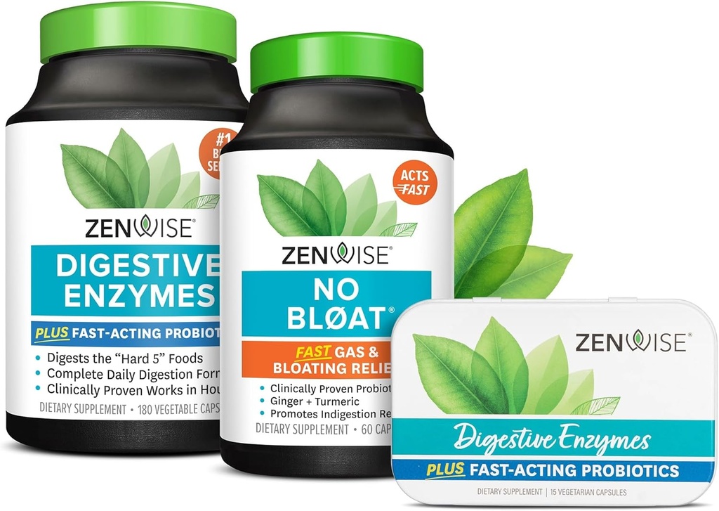 Zewise Health Digestive Enzimes, No Bloat, and Free Travel Tin with Probiotics for Digestive and Gut Health 