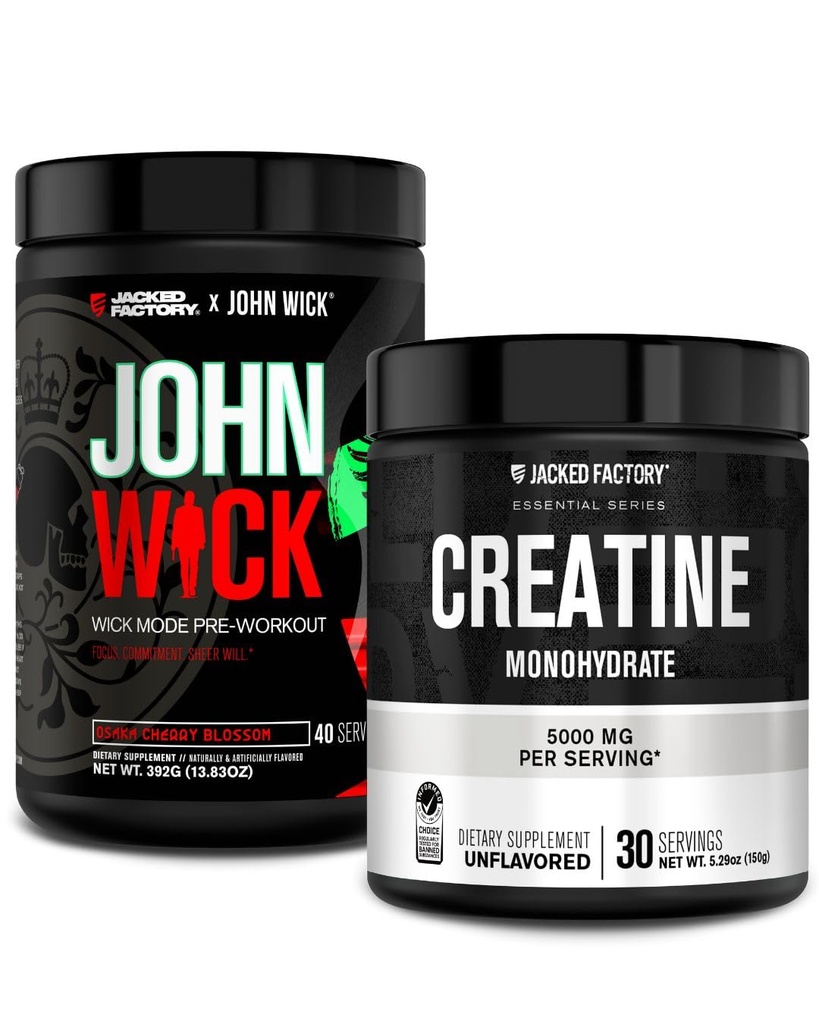 Fabrica Jacked X John Wick - Wick Mode Pre Workout Powder (Osaka Cherry Blossom, 40 Servings) & Creatine Monohidrat pulbere (nearomat, 30 Servings)