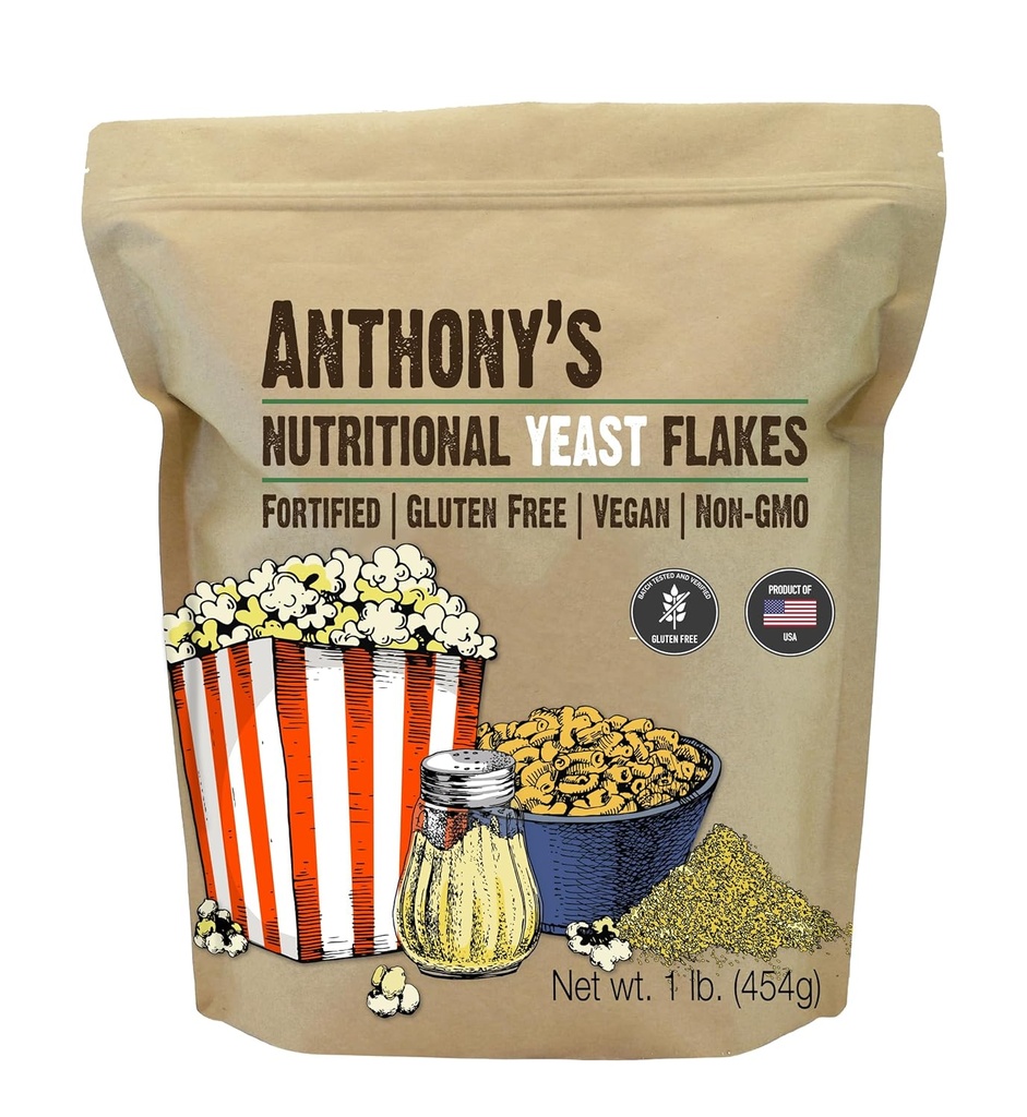 Anthony Premium nutritional Yeast Flakes, 1 lb, Fortified, Gluten Free, Non OMG, Vegan
