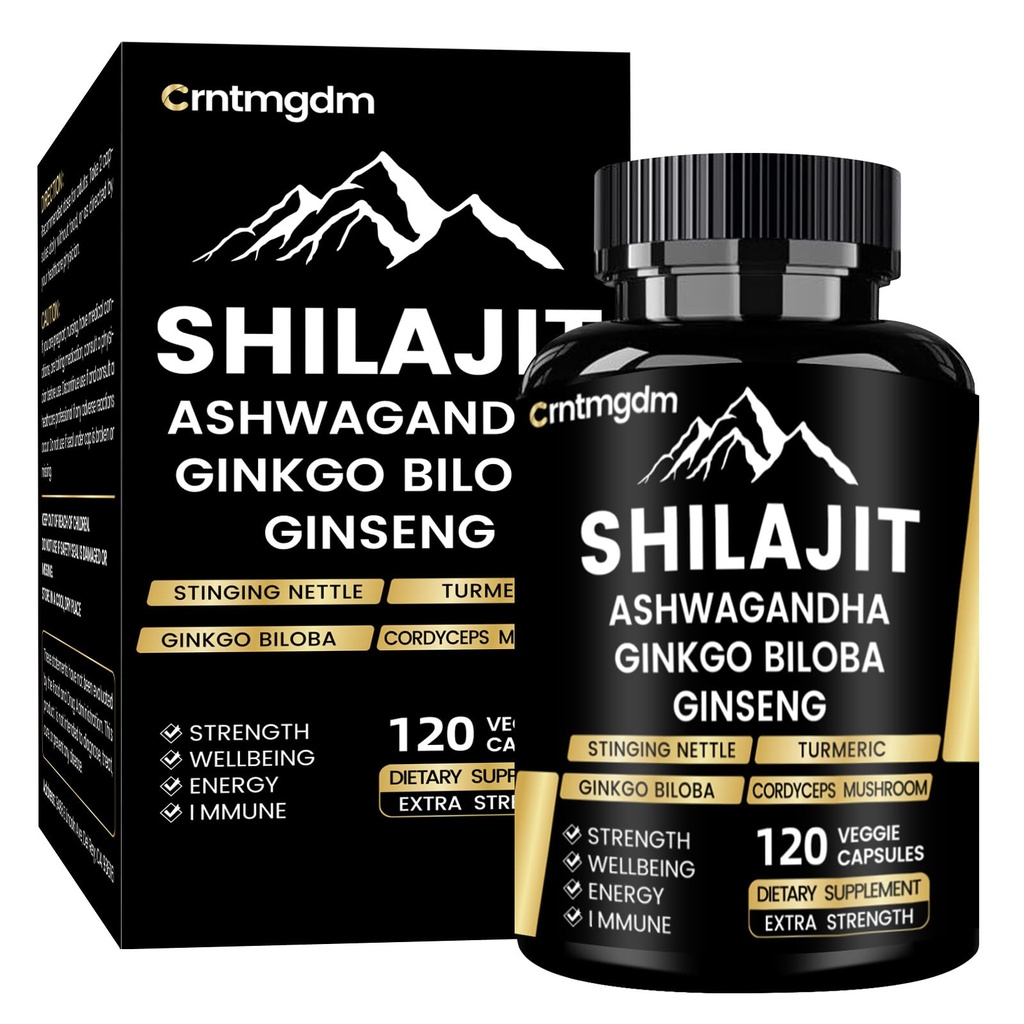 Capsule Shilajit - 20.000 mg Pure Himalayan Organic Shilajit pentru bărbaţi şi femei cu Ashwagandha, susţine vitalitatea şi Wellness, Premium Shilaj Pure Himalayan Supliment, 120 capsule