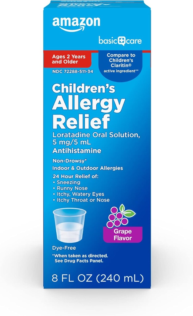   Basic Care Children’s Allergy Medicine, 24 Hour Loratadine Oral Solution 5 mg/5 mL, Non-Drowsy Antihistamine, Grape Flavor, Ages 2 and Older, 8 fl oz (Pack of 1)