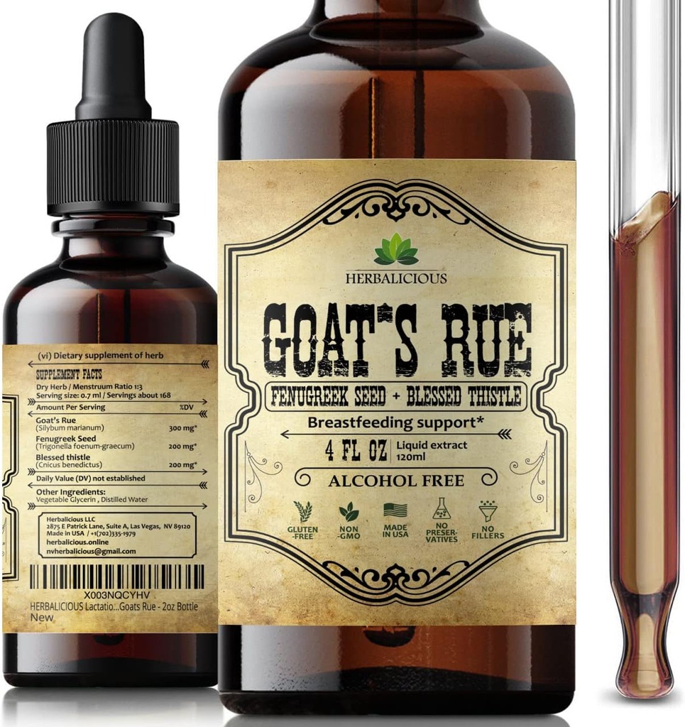 HERBALICIOUS Goat's Rue Liquid Extract 4 fl oz - Natural Herbal Tincture with Goat's Rue, Schinduf Seeds, Blessed Thistle - Alcool Free Non-GMO Alăptarea Supliment pentru creșterea laptelui matern