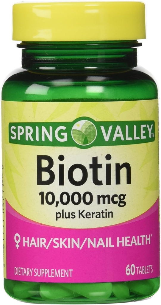 Spring Valley Biotin Supliment alimentar, 10.000 Mg Cu 100 Mg Keratina, 60 comprimate