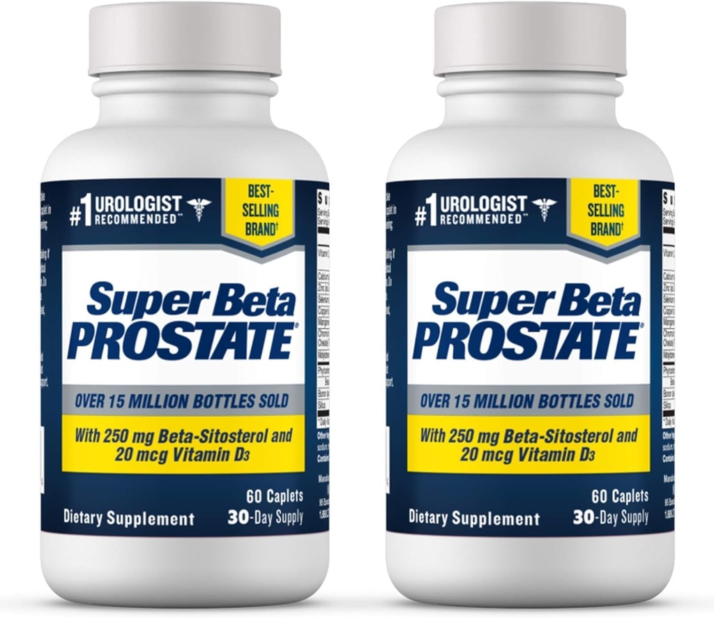 SUPER BETA PROSTATE Suplement Supplement for Men's Health - Reduceți excursiile la baie, Promovați somnul, golirea mai bună a vezicii urinare și prostată sănătoasă, Beta Sitosterol - 60 Conte (Pachet de 2)