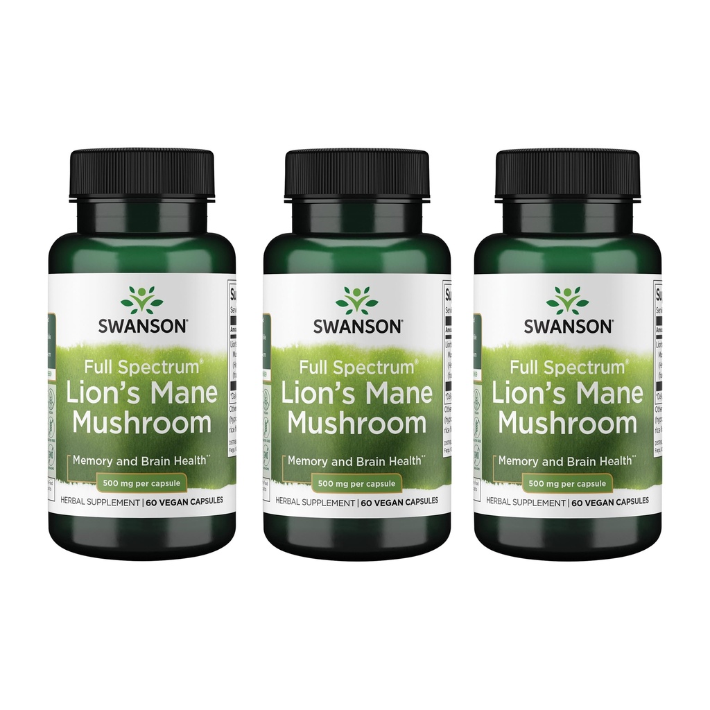 Swanson Lion's Mane Mushroom - Traditional Brain Booster Supplement Made from Hericium Erinaceus (60 capsule, 500 mg fiecare) 3 Pack