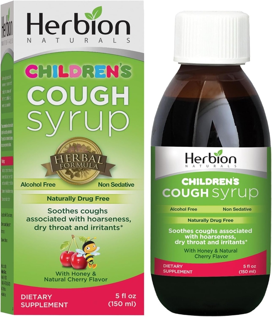 Herbion Naturals Tuse Sirop pentru copii 5fl Bun Tasting Supliment cu miere naturala si aroma ajuta Relieve Cough Promoveaza functia sanatoasa Lung Imunitate pentru copii 13 si mai sus., Verde, Cherry, 5 Fl Oz