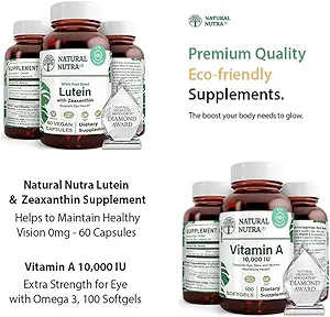 Natural Nutra lutein şi Zeaxanthin Supliment Soy gratuit, 20 mg - 60 capsule şi vitamina A 10000 UI, ajută la menţinerea vederii sănătoase cu Omega 3, 100 Gluten Softgels gratuite