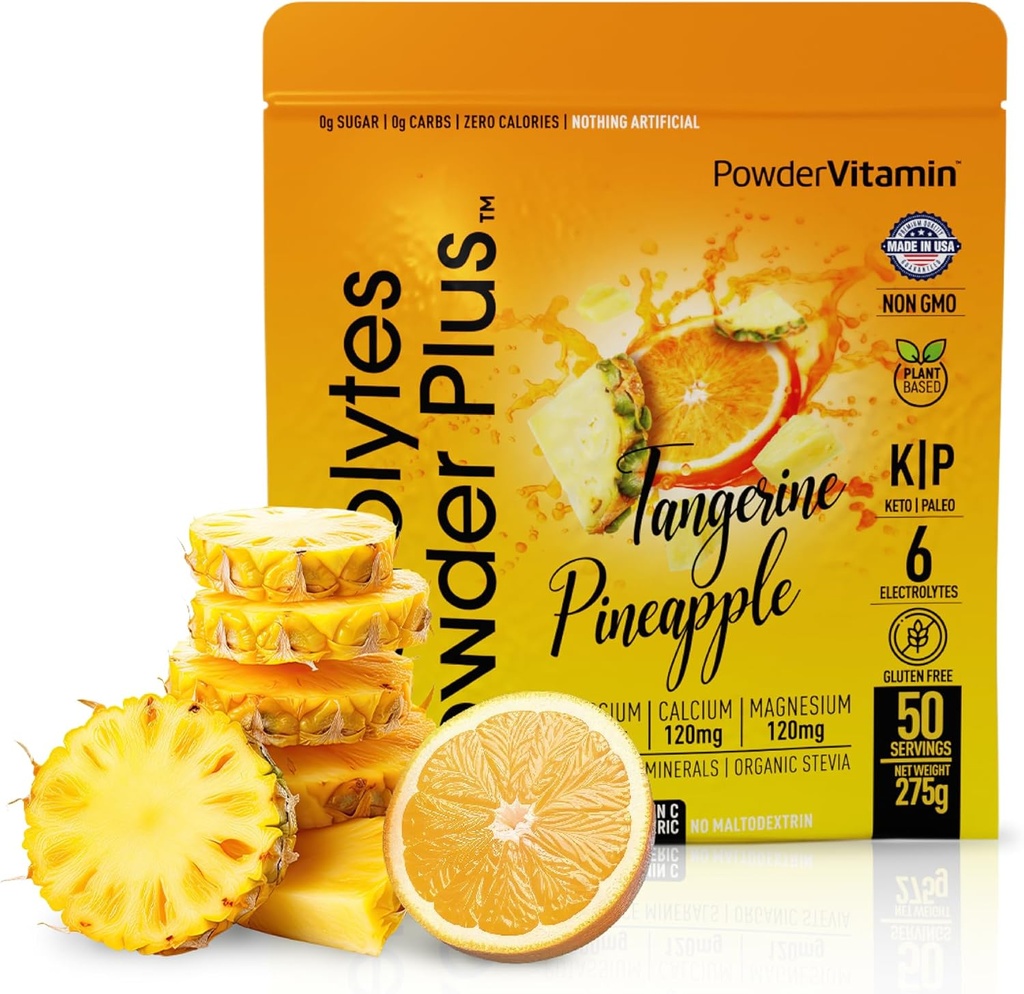 PulbereVitamina Electroliti Pulbere Plus (50 Serviri) Tangerine Ananas Electrolit Pulbere 0 Calorie Keto, 0 Zahăr, Nu Maltodextrin, 1000mg Potasiu,120mg Calciu,120mg Magneziu, Pulbere de hidratare
