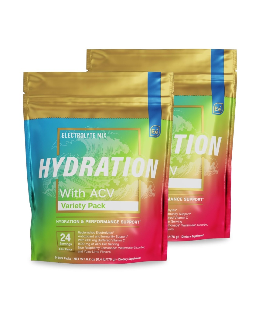 Elemente esentiale Pachete de hidratare ® - Pachet de varietati - Electroliti Powder No Sugar - Electrolit Drink Mix - Hidratare superioara cu ACV & Vitamina C - 48 Stick Packs