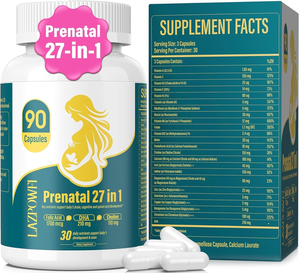 Vitamine prenatale pentru femei Multivitamine postnatale cu acid folic DHA Choline pentru gravide şi alăptare Femei Niacinamidă Biotină şi Minerale 27 în 1 Supliment 90 Capsule-30 Serviri