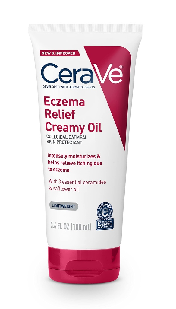 CeraVe Eczema Relief Creamy Body Oil, Eczema Calmare Crema cu fulgi de ovăz coloidal și ulei de șofrănaș pentru piele uscată & Mâncărimi de piele, Steroizi gratuit & Paraben gratuit, 3.4 Ounce