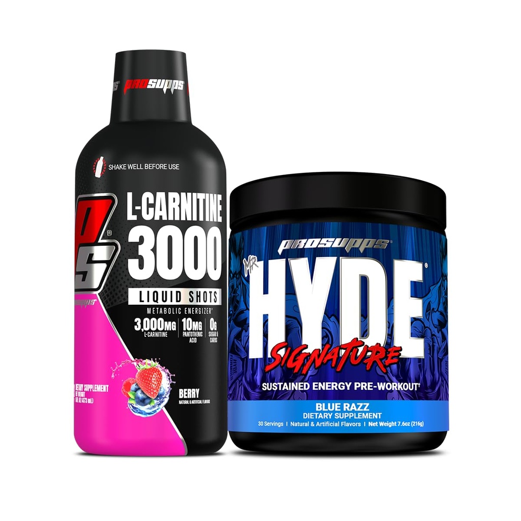 PROSUPPS L-Carnitine 3000 Stimulante Injecții cu lichid gratuit (31 Servings, Berry) și Mr. Hyde Signature Series Pre-Workout Energy Pudred Drink (30 Servings, Blue Razz) Bundle